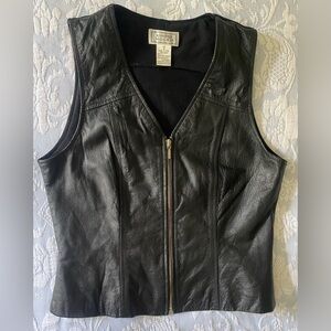 Vintage 100% Leather Panel Top Full Zip Vest Stretch Back 90’s Y2K V Neck Black